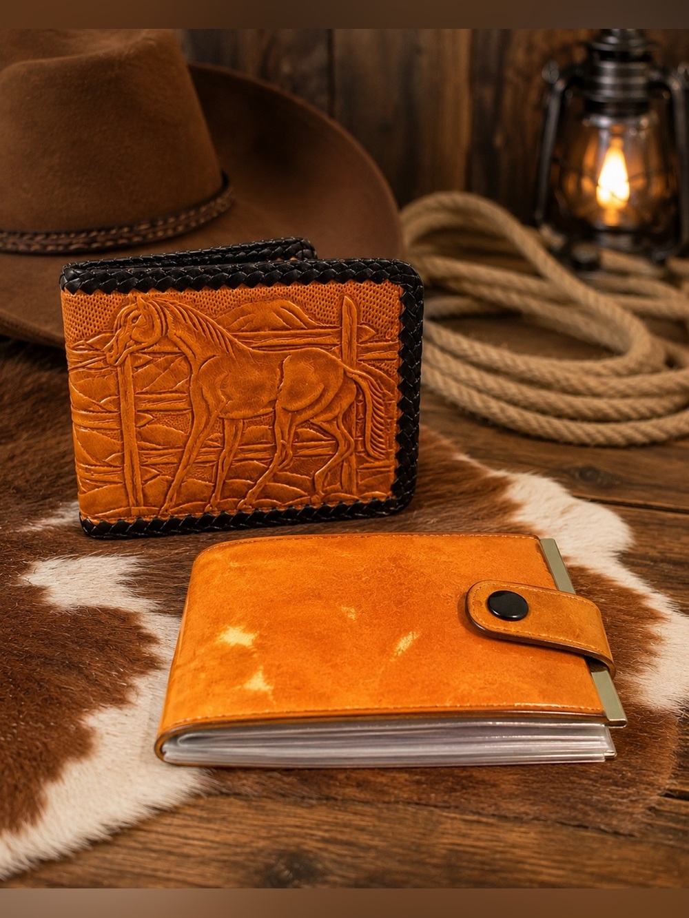 Handcrafted Tooled Brown Leather Wallet & Cardholder Set - Western Horse Design